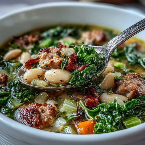 Hearty Italian White Bean Soup with Sausage and Kale, brimming with flavorful sausage.