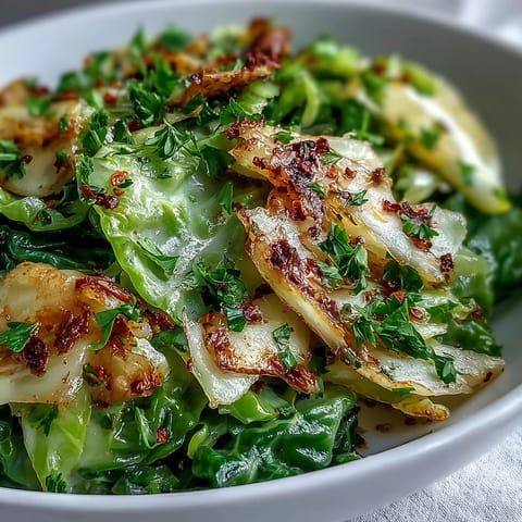 Tender green cabbage sautéed with garlic, cumin, and paprika, slightly caramelized edges in a skillet.