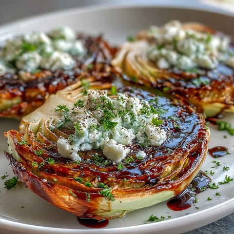Roasted thick-cut cabbage steaks with melty feta cheese and balsamic reduction, served as a vibrant Mediterranean-style vegetarian side dish.