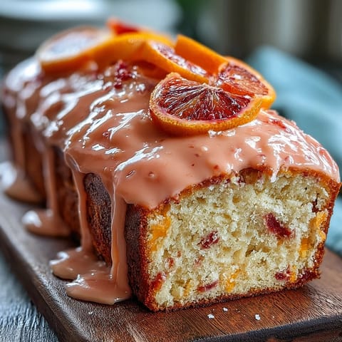 Warm Heavenly Blood Orange Yogurt Cake displays a moist, golden crumb with bright zest specks, drizzled with sweet blood orange glaze.