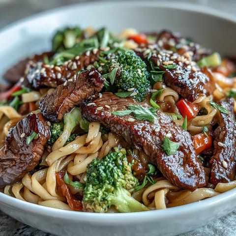 A sizzling skillet of Korean Beef Noodles with flank steak, broccoli, and bell peppers in glossy sauce