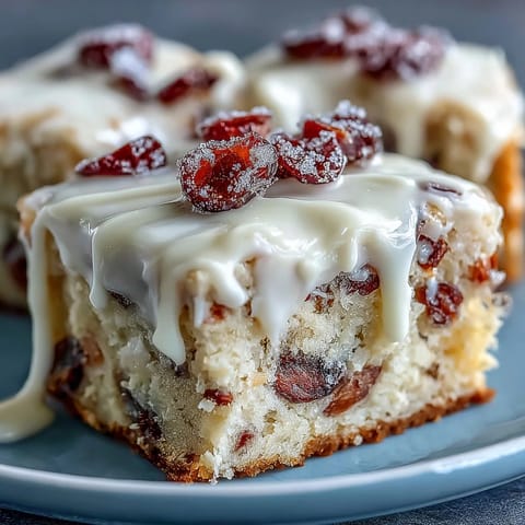 Cranberry Bliss Bars with creamy orange frosting and white chocolate drizzle on a rustic wooden board.