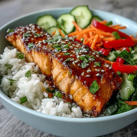 Glazed salmon fillets shine in this Asian-inspired salmon bowl, surrounded by julienned carrots, cucumbers, and edamame for a fresh, healthy meal.