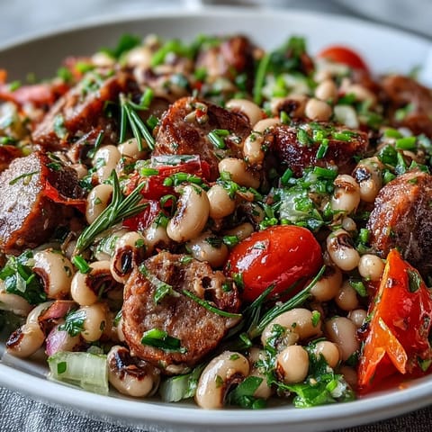 Vibrant Hoppin John Style Black-Eyed Pea Salad arranged on mixed greens, featuring hearty black-eyed peas, crisp celery, and cherry tomatoes for a fresh Southern-inspired meal.