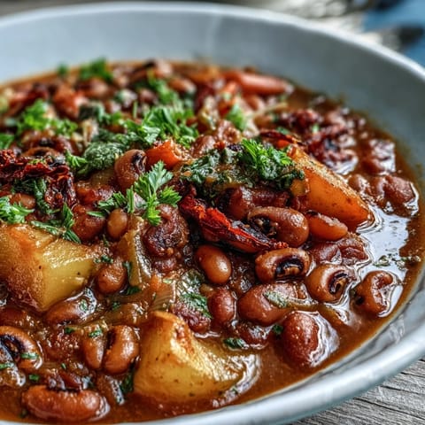 Steaming Black-Eyed Pea Stew in a rustic bowl, showcasing tender potatoes, carrots, and peas in a rich, savory tomato broth.