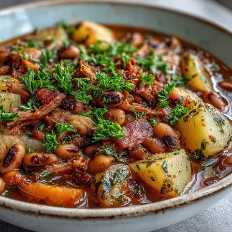 Black-Eyed Pea Stew with Smoked Ham Hocks served in a rustic bowl, highlighting tender peas and shredded meat.