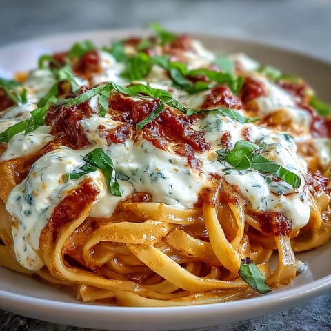 Spoon-ready Creamy Red Pepper Pasta with Burrata & Herbs steams beside a glass of crisp white wine on a rustic wooden table.
