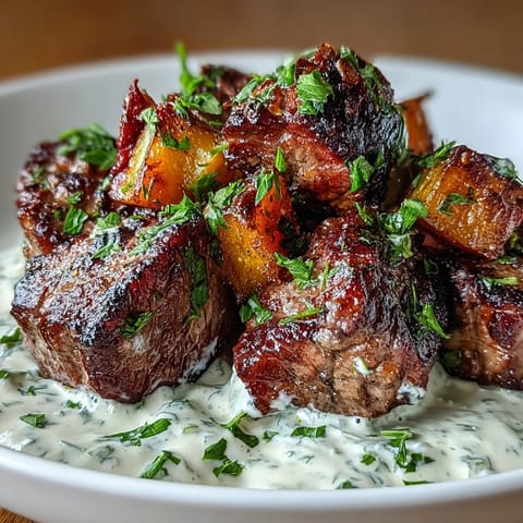 A hearty Savory Butternut Squash & Garlic Herb Steak Bowl garnished with fresh parsley for a cozy dinner.