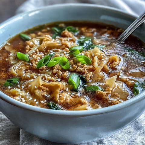 This comforting One-Pot Egg Roll Soup features savory ground pork and tender cabbage in a rich broth.