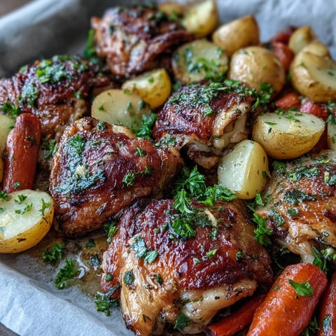Golden-brown ranch-seasoned chicken thighs and roasted vegetables sizzling on a sheet pan for an easy weeknight meal.