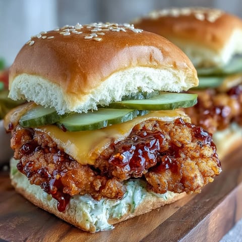 Melted cheddar and dill pickles peek out from between toasted sesame buns.