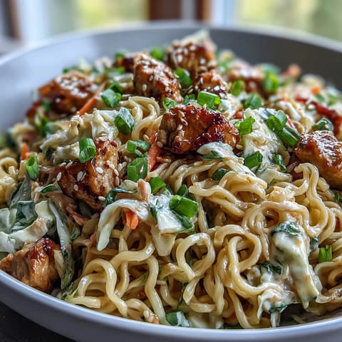 Close-up of Creamy Potsticker Noodle Stir-Fry on chopsticks, garnished with scallions and sesame seeds, with chili crisp on the side
