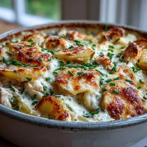 Sliced Yukon Gold potatoes layered with juicy chicken chunks, bathed in ranch-seasoned cream sauce and baked until bubbling.