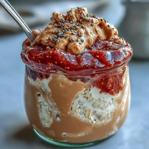 Glass jars display layered overnight oats with a rich peanut butter center and vibrant strawberry jam swirl, ready to eat.