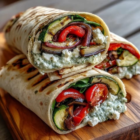 Golden-brown grilled zucchini and bell peppers filled in a Mediterranean Grilled Vegetable Wrap with hummus and feta.