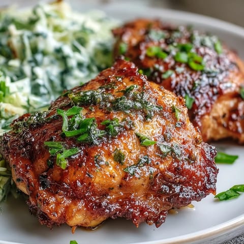 Golden-brown Keto Crispy Chicken Thighs are paired with a tangy lemon butter cabbage slaw for a low-carb meal.