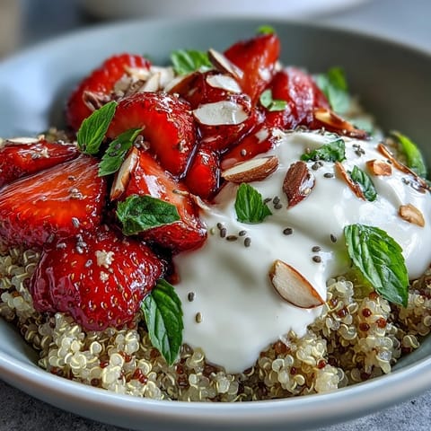A bright white bowl of Strawberry Basil Breakfast Quinoa Bowl with sliced berries and fresh basil.