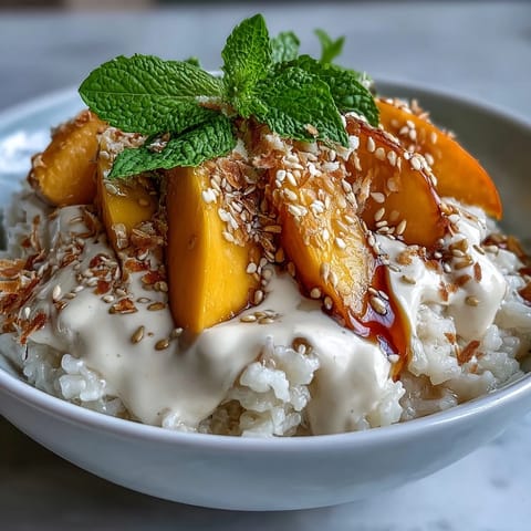 Tropical Vegan Mango Sticky Rice Breakfast Bowl with diced mango and a drizzle of coconut cream.