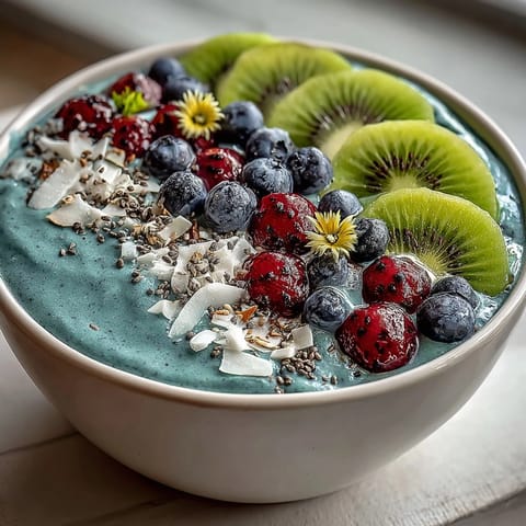Whimsical Healthy Mermaid Smoothie Bowl for Weight Loss & Slimming topped with vibrant dragon fruit and kiwi slices in a blue spirulina base.  