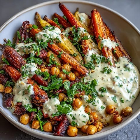 One-pan roasted carrot and chickpea bowl with lemon-tahini dressing, golden chickpeas and tender carrots on a rustic wooden table.