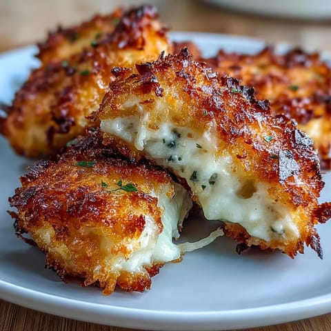 Crispy chicken chunks coated in Asiago cheese and panko breadcrumbs, golden and crunchy, ideal for salads or wraps.  