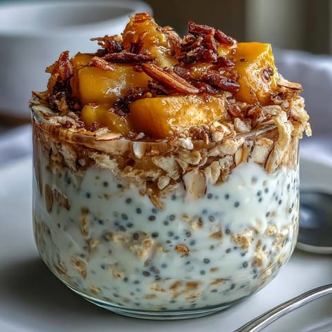 Creamy coconut milk overnight oats layered with fresh mango and crunchy toasted coconut, served in a glass jar.  