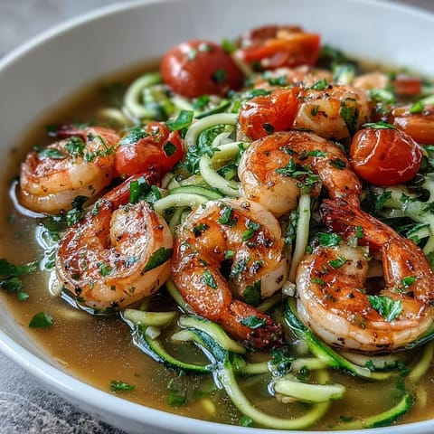 Colorful shrimp and spiralized zucchini noodles served in a fragrant lemon-garlic broth for a light dinner.  