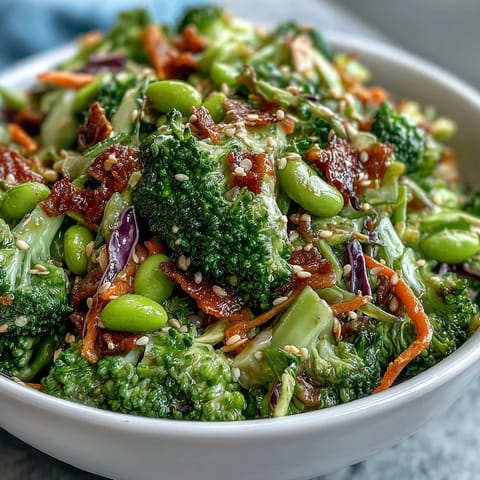 A vibrant broccoli crunch salad with shredded cabbage, carrots, and edamame, tossed in zesty Asian-inspired dressing.  