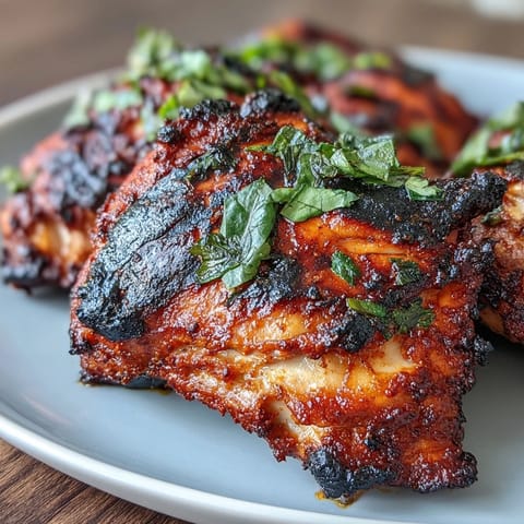 Succulent Indian tandoori chicken served on a platter, glistening with spiced yogurt marinade and fresh herbs for a bold, flavorful feast.  