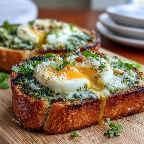 A golden sourdough toast slice topped with vibrant green spinach pesto and a soft-boiled egg with a jammy center.  