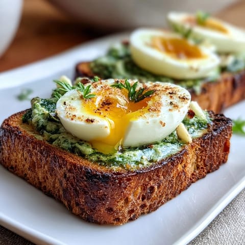Crispy sourdough bread layered with homemade spinach pesto, crowned with a perfectly soft-boiled egg and a sprinkle of chili flakes.  