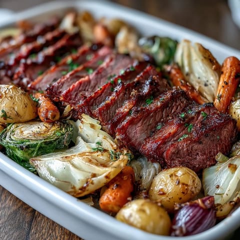 Roasted corned beef and cabbage sheet pan dinner with tender potatoes and carrots, perfect for St. Patrick's Day or weeknight meals.
