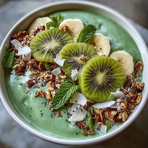 Shamrock Green Smoothie Bowl with Kiwi and Spinach topped with fresh kiwi slices, banana, granola, and shredded coconut.  