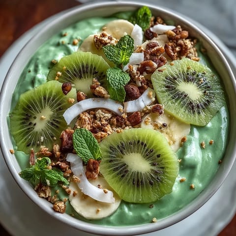 Creamy green smoothie bowl made with spinach, kiwi, banana, and yogurt, garnished with crunchy granola and pumpkin seeds.  