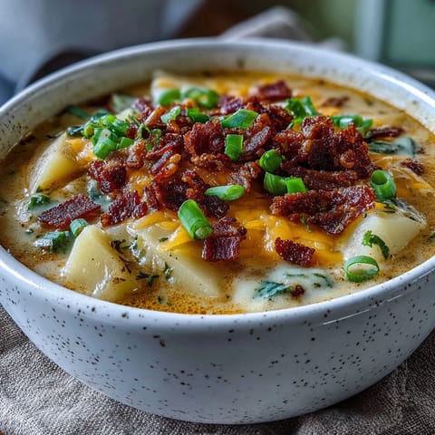 A bowl of creamy St. Patricks Day loaded baked potato soup with crumbled bacon and green onions.  