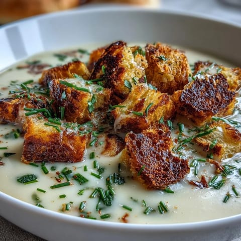 Creamy Leek and Potato Soup with Sourdough Croutons served in a white bowl, garnished with fresh chives and golden sourdough croutons.