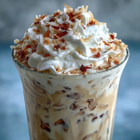 A refreshing dairy-free Vanilla Bean Coconut Frappuccino Mocktail blended with real vanilla bean, coconut milk, and ice, garnished with a sprinkle of toasted coconut for extra flavor.