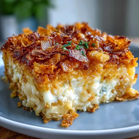 Cheesy funeral potatoes with crispy cornflake and cheddar crust, golden and bubbling from the oven.  
