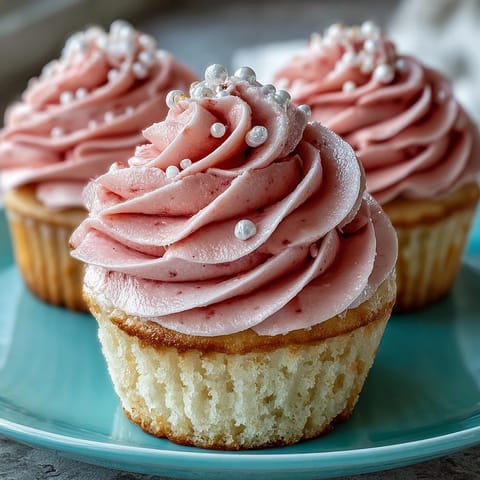 Delicate vanilla cupcakes topped with silky pink buttercream, perfect for a bridal shower dessert table.