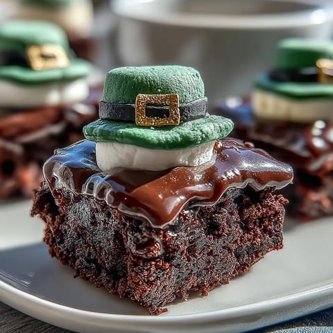Festive Leprechaun Hat Brownie Bites with chocolate-dipped marshmallows and green icing, perfect for St. Patrick's Day dessert trays.