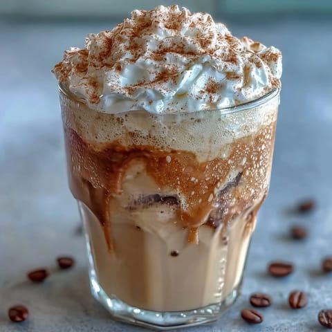 Vanilla Bean Frappuccino Protein Shake in a frosty glass, topped with whipped cream and vanilla bean specks.