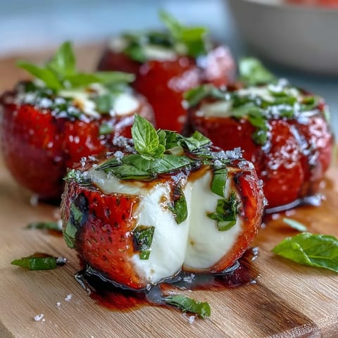 Vibrant strawberry caprese skewers feature juicy berries, creamy mozzarella, and fresh basil leaves, finished with tangy balsamic reduction.