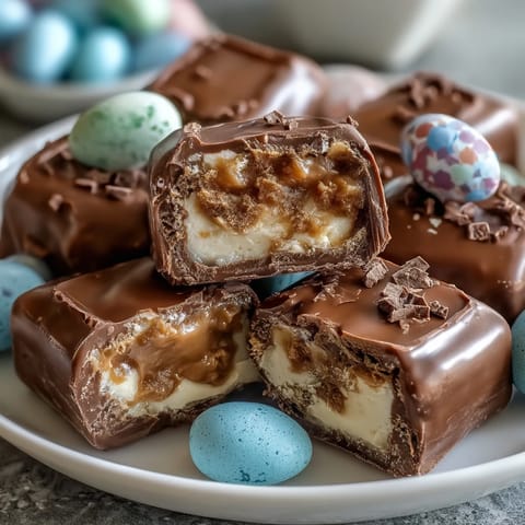 Festive pastel chocolate bark with Cadbury eggs, colorful candy melts, and sprinkles on a rustic parchment sheet.