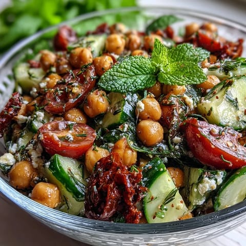 Healthy Easy Cucumber Chickpea Salad with Lemon Vinaigrette in a white bowl, featuring crisp cucumbers, chickpeas, and fresh herbs tossed in zesty lemon dressing.