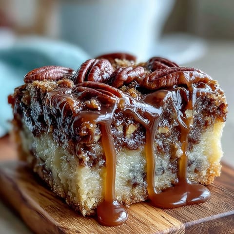 Kentucky Derby Pecan Pie Bars with Bourbon Glaze on a rustic serving tray, showcasing golden pecan filling and drizzled bourbon glaze.