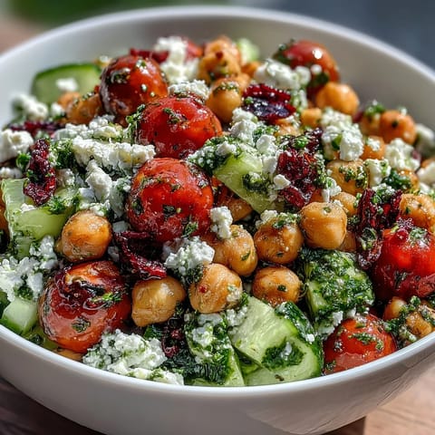 Cold Chickpea Salad with Lemon Herbs: a colorful bowl of chickpeas, tomatoes, cucumber, and herbs tossed in bright lemon dressing.  
