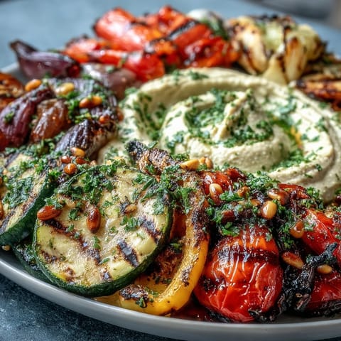 Colorful grilled vegetable platter with hummus, featuring zucchini, bell peppers, eggplant, and cherry tomatoes, perfect for healthy summer meals.