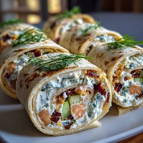 Elegant smoked salmon and cucumber cream cheese pinwheels with dill, rolled in soft flour tortillas for a perfect party appetizer.