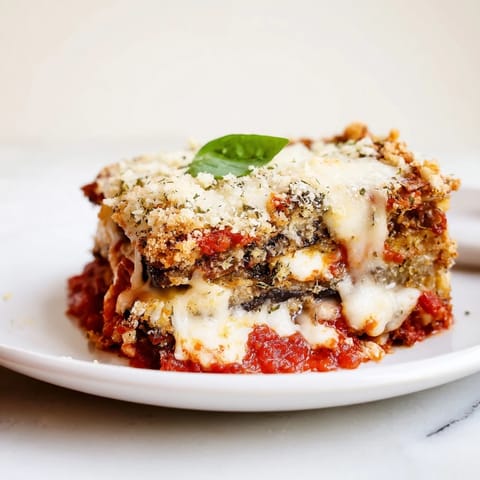Golden-brown Eggplant Parmesan Lasagna, layered with cheese and vibrant marinara sauce, promises a comforting meal.