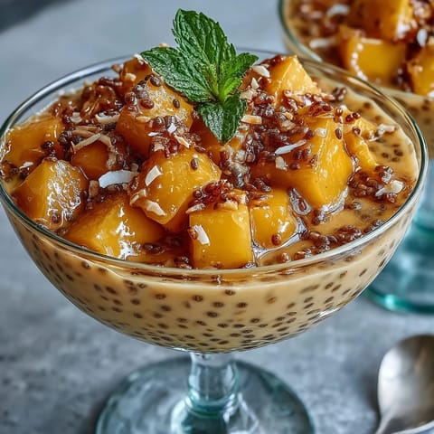 Refreshing mango chia pudding layered with juicy tropical fruit and topped with toasted coconut flakes for a dairy-free treat.  